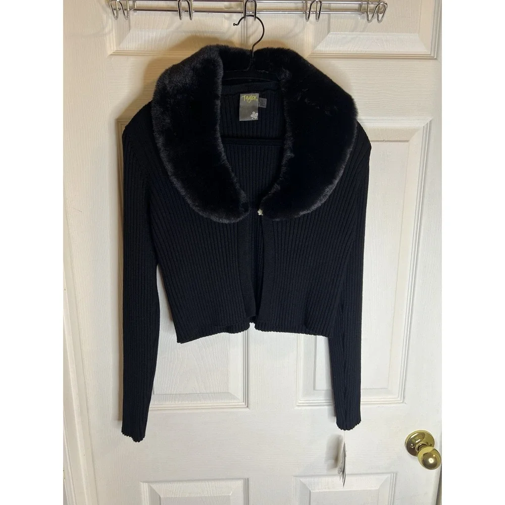 Taylor Ribbed Knit‎ Cardigan Removable Faux Fur Collar Single Button Size L